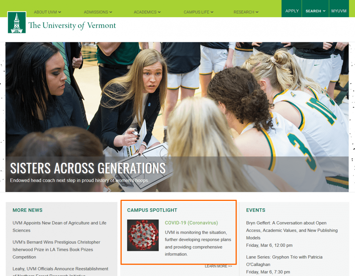 Coronavirus info on the University of Vermont website