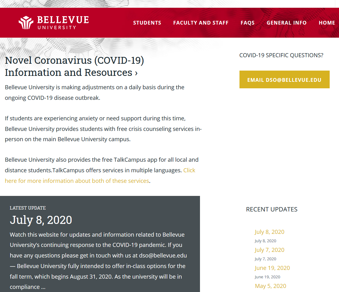 Bellevue University (Bellevue, Nebraska) - Novel Coronavirus (COVID-19) Information and Resources