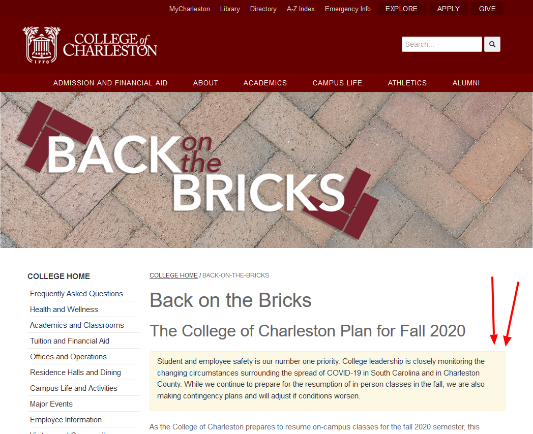 College of Charleston (Charleston, SC) - Back on the Bricks Plan for Fall 2020