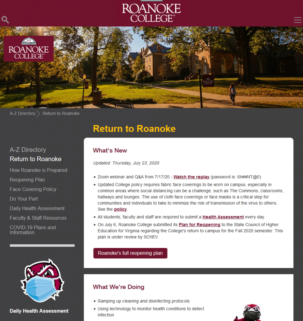 Roanoke College (Salem, Virginia) Return to Roanoke Plan