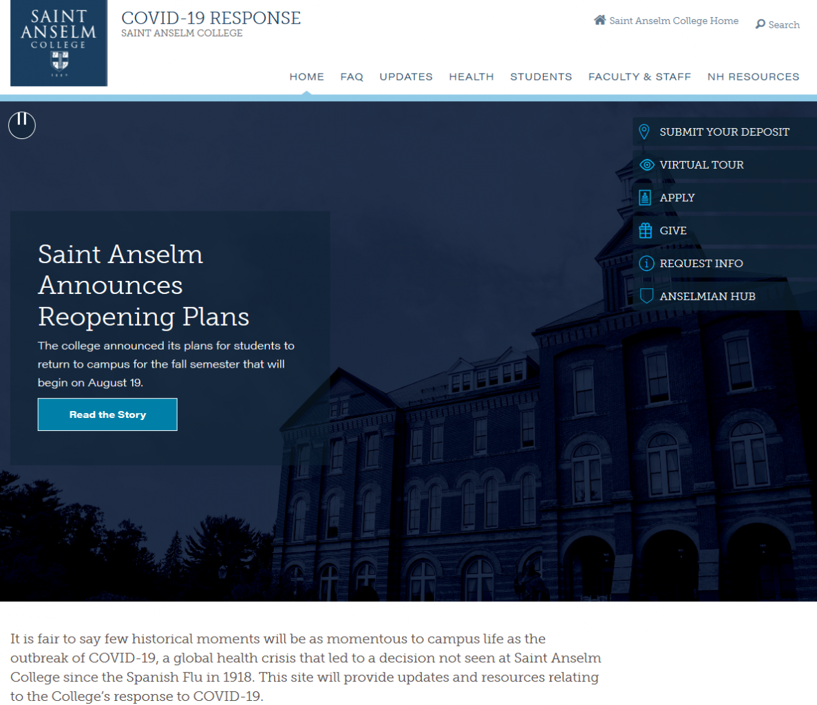 St Anselm College (Manchester, New Hampshire) - COVID-19 Reponse Fall Plans